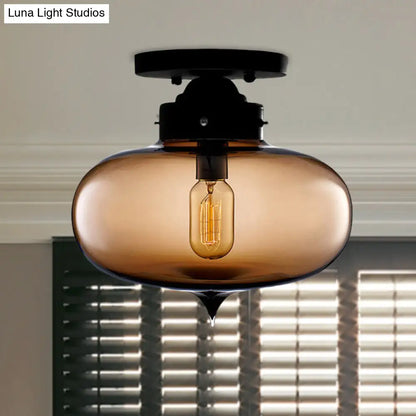 DecorBites™ DecorBites™ Sleek Black Industrial Semi Flush Light with Red/Brown/Amber Glass Oval Shade - Perfect for Dining Room Ceiling