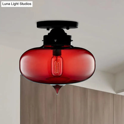 DecorBites™ DecorBites™ Sleek Black Industrial Semi Flush Light with Red/Brown/Amber Glass Oval Shade - Perfect for Dining Room Ceiling
