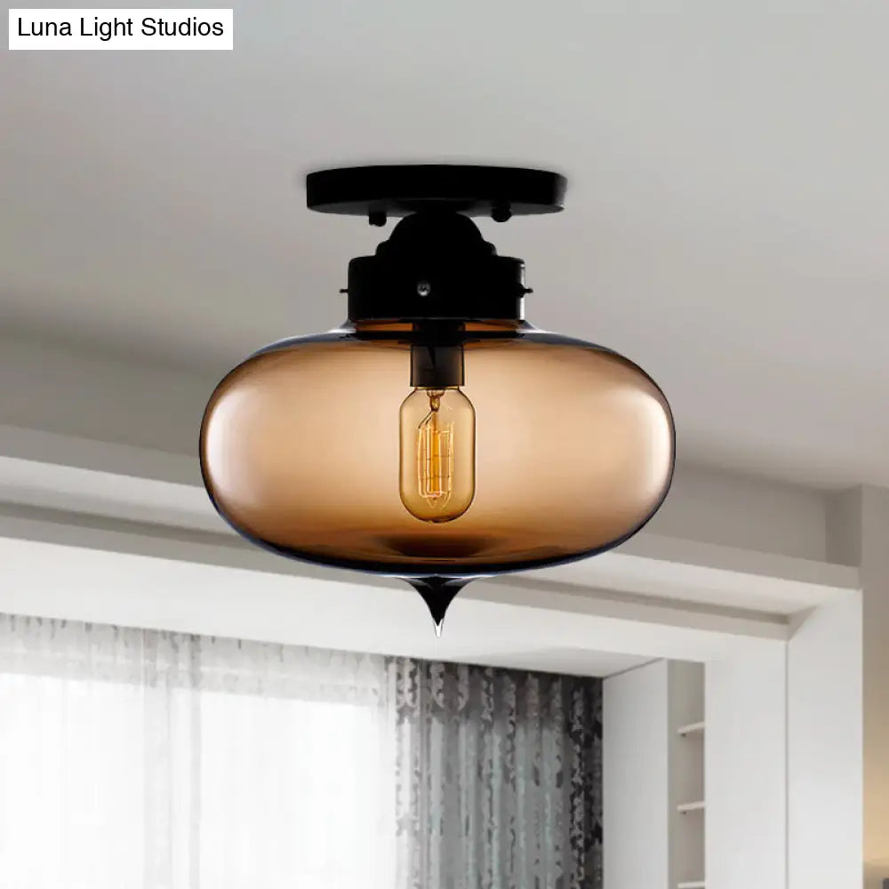 DecorBites™ DecorBites™ Sleek Black Industrial Semi Flush Light with Red/Brown/Amber Glass Oval Shade - Perfect for Dining Room Ceiling