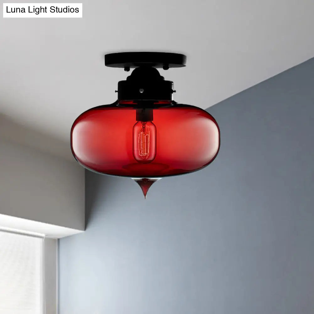 DecorBites™ DecorBites™ Sleek Black Industrial Semi Flush Light with Red/Brown/Amber Glass Oval Shade - Perfect for Dining Room Ceiling