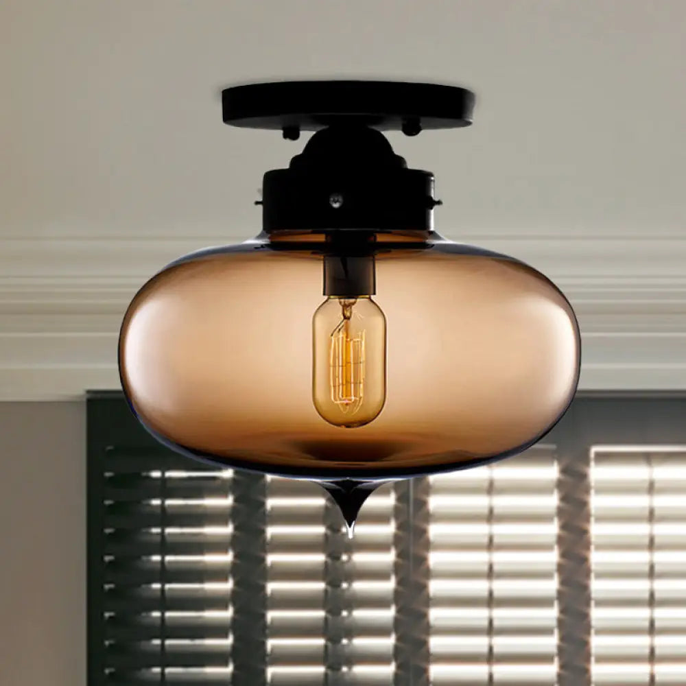DecorBites™ DecorBites™ Sleek Black Industrial Semi Flush Light with Red/Brown/Amber Glass Oval Shade - Perfect for Dining Room Ceiling