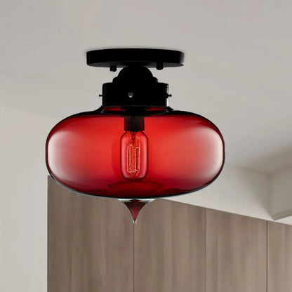 DecorBites™ DecorBites™ Sleek Black Industrial Semi Flush Light with Red/Brown/Amber Glass Oval Shade - Perfect for Dining Room Ceiling