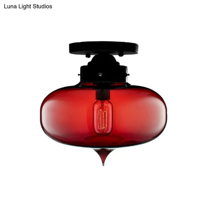 DecorBites™ DecorBites™ Sleek Black Industrial Semi Flush Light with Red/Brown/Amber Glass Oval Shade - Perfect for Dining Room Ceiling