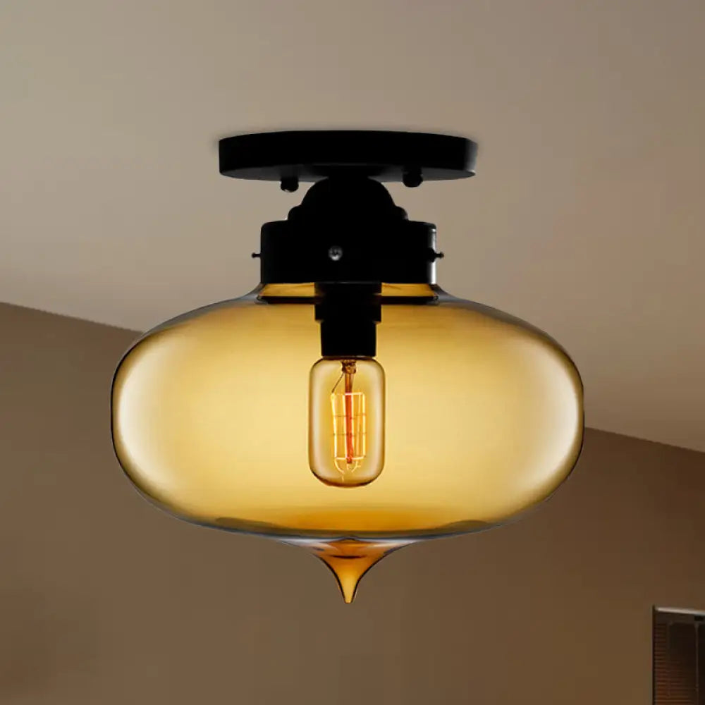 DecorBites™ DecorBites™ Sleek Black Industrial Semi Flush Light with Red/Brown/Amber Glass Oval Shade - Perfect for Dining Room Ceiling