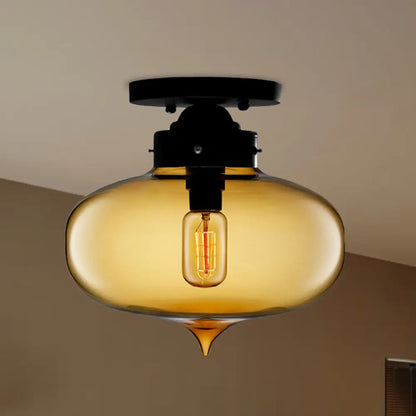 DecorBites™ DecorBites™ Sleek Black Industrial Semi Flush Light with Red/Brown/Amber Glass Oval Shade - Perfect for Dining Room Ceiling