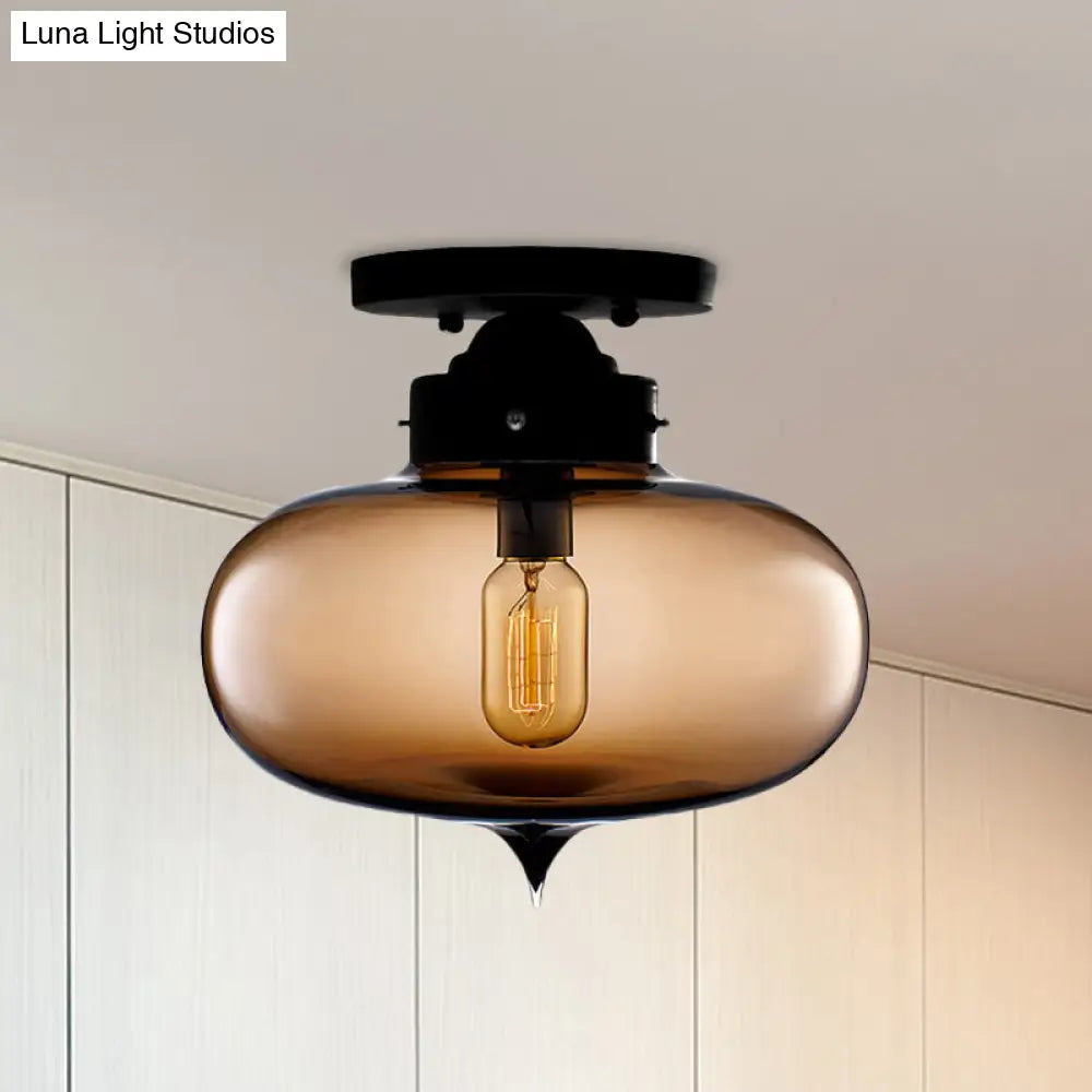 DecorBites™ DecorBites™ Sleek Black Industrial Semi Flush Light with Red/Brown/Amber Glass Oval Shade - Perfect for Dining Room Ceiling