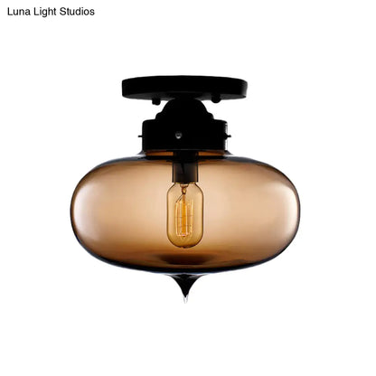 DecorBites™ DecorBites™ Sleek Black Industrial Semi Flush Light with Red/Brown/Amber Glass Oval Shade - Perfect for Dining Room Ceiling