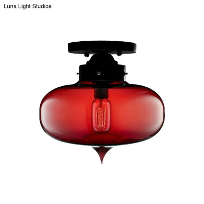 DecorBites™ DecorBites™ Sleek Black Industrial Semi Flush Light with Red/Brown/Amber Glass Oval Shade - Perfect for Dining Room Ceiling