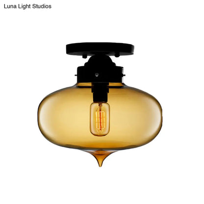 DecorBites™ DecorBites™ Sleek Black Industrial Semi Flush Light with Red/Brown/Amber Glass Oval Shade - Perfect for Dining Room Ceiling