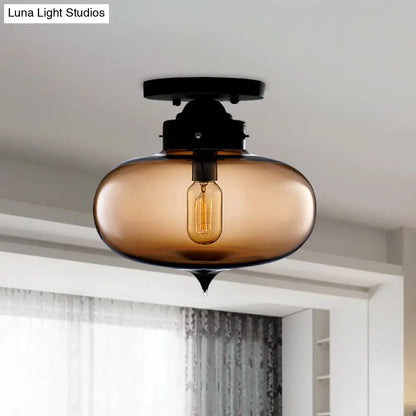 DecorBites™ DecorBites™ Sleek Black Industrial Semi Flush Light with Red/Brown/Amber Glass Oval Shade - Perfect for Dining Room Ceiling