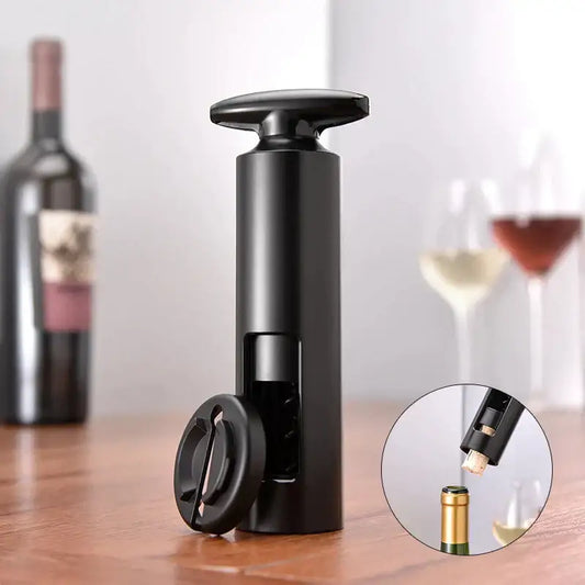 Sleek black metal decorbites corkscrew with flat top handle and detachable base, a premium kitchen tool for wine bottles