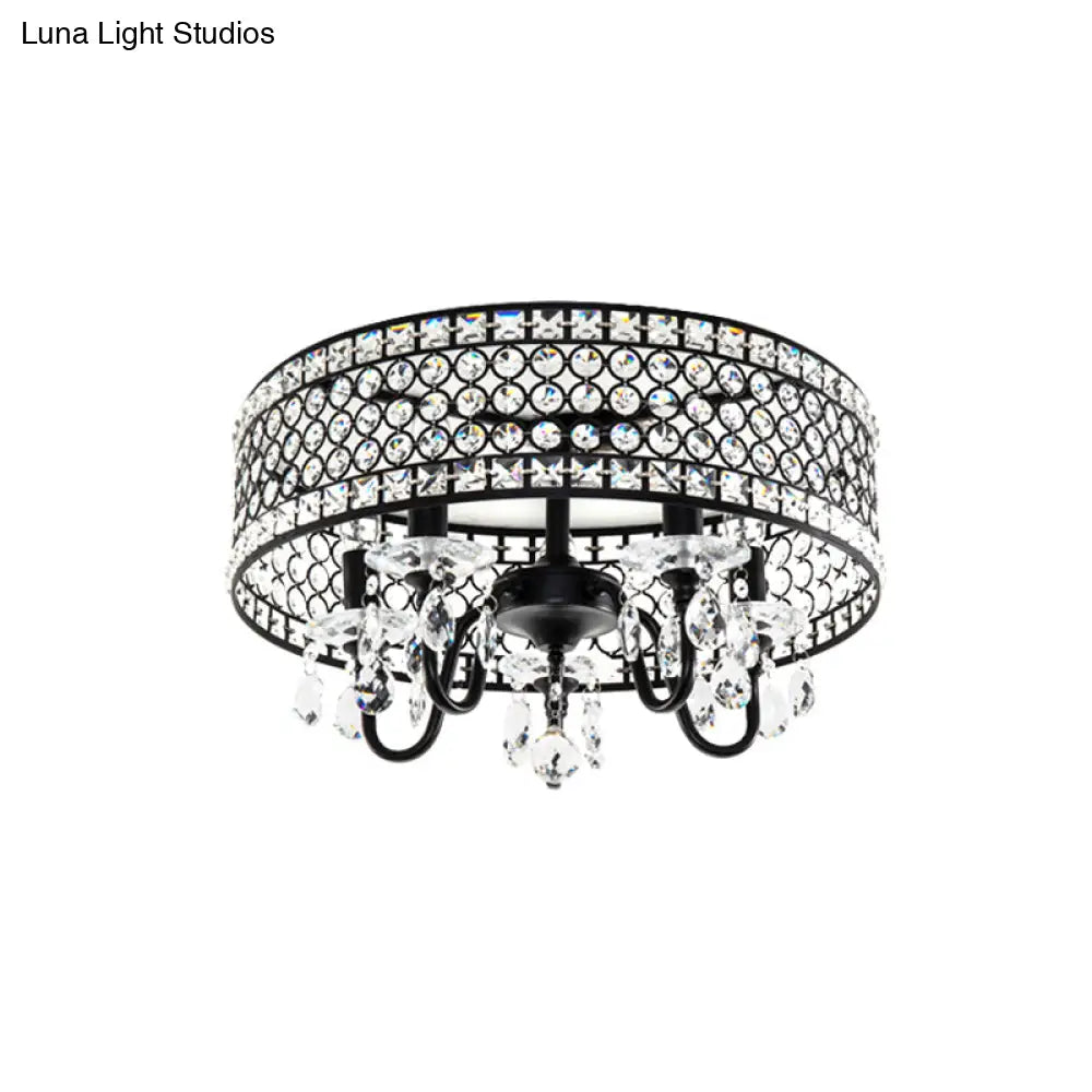 DecorBites™ DecorBites™ Sleek Black Metal Flush Mount Light with Crystal Drum Shade - Modern 4 Bulb Semi Flush Lamp