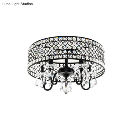 DecorBites™ DecorBites™ Sleek Black Metal Flush Mount Light with Crystal Drum Shade - Modern 4 Bulb Semi Flush Lamp