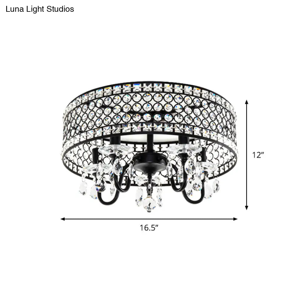 DecorBites™ DecorBites™ Sleek Black Metal Flush Mount Light with Crystal Drum Shade - Modern 4 Bulb Semi Flush Lamp