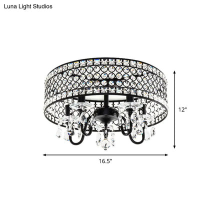 DecorBites™ DecorBites™ Sleek Black Metal Flush Mount Light with Crystal Drum Shade - Modern 4 Bulb Semi Flush Lamp