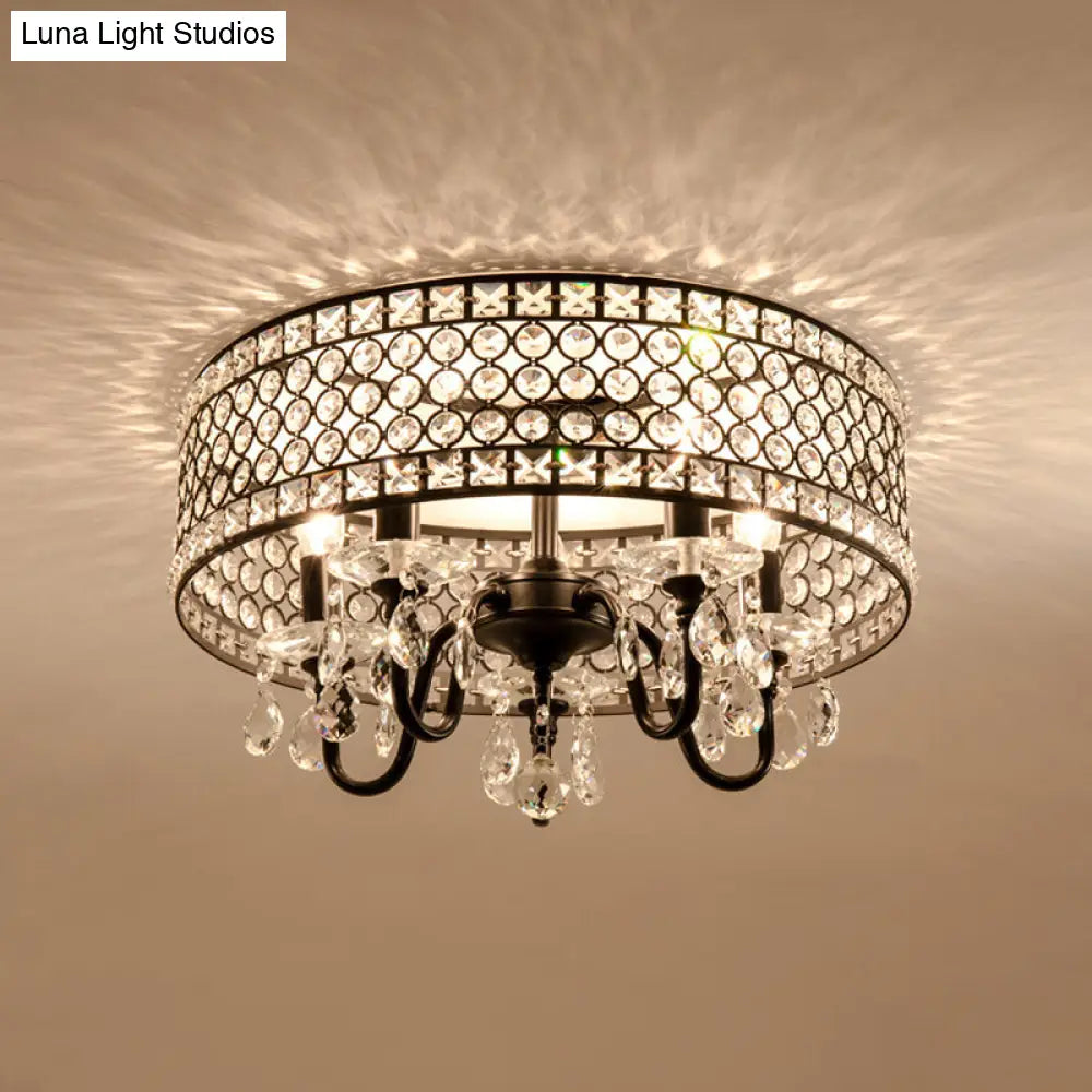 DecorBites™ DecorBites™ Sleek Black Metal Flush Mount Light with Crystal Drum Shade - Modern 4 Bulb Semi Flush Lamp