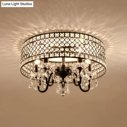 DecorBites™ DecorBites™ Sleek Black Metal Flush Mount Light with Crystal Drum Shade - Modern 4 Bulb Semi Flush Lamp