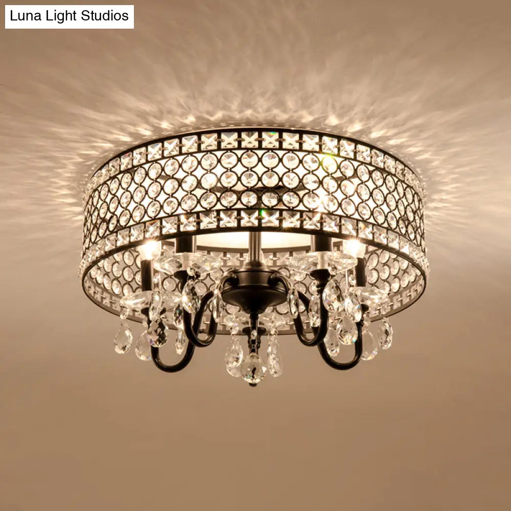 DecorBites™ DecorBites™ Sleek Black Metal Flush Mount Light with Crystal Drum Shade - Modern 4 Bulb Semi Flush Lamp