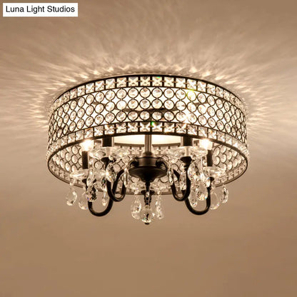 DecorBites™ DecorBites™ Sleek Black Metal Flush Mount Light with Crystal Drum Shade - Modern 4 Bulb Semi Flush Lamp