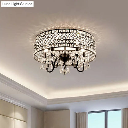 DecorBites™ DecorBites™ Sleek Black Metal Flush Mount Light with Crystal Drum Shade - Modern 4 Bulb Semi Flush Lamp