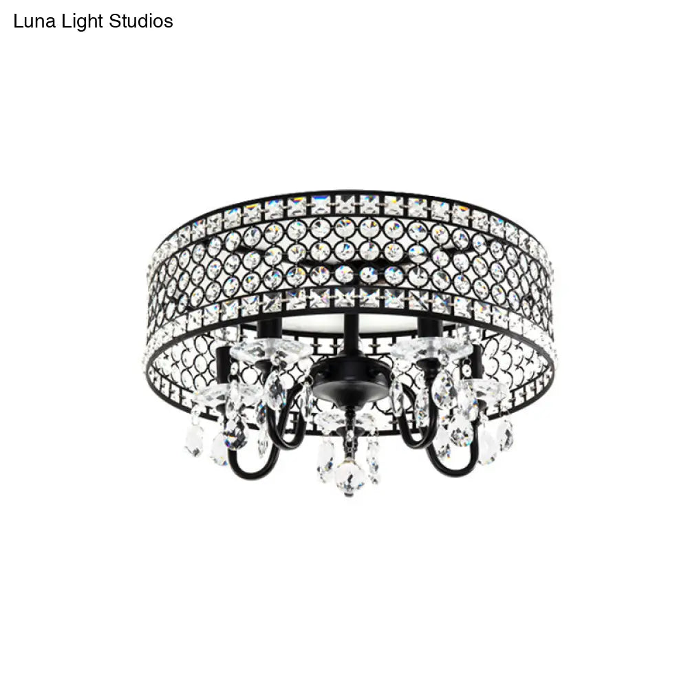 DecorBites™ DecorBites™ Sleek Black Metal Flush Mount Light with Crystal Drum Shade - Modern 4 Bulb Semi Flush Lamp