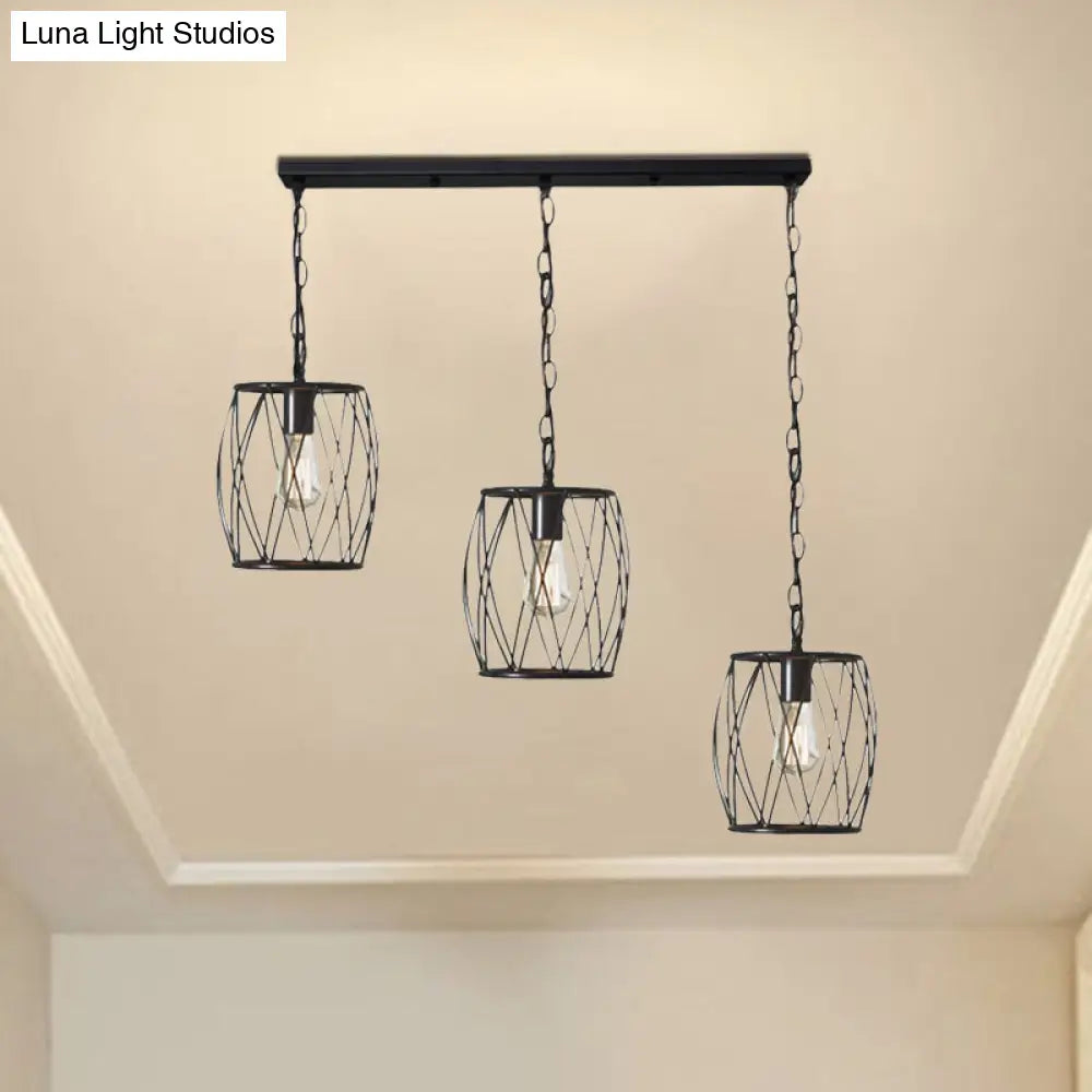 Sleek Black Metal Lantern Hanging Lamp - 3 Bulb Industrial Stylish Cage Shade Suspension Light for Foyer