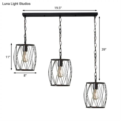 Sleek Black Metal Lantern Hanging Lamp - 3 Bulb Industrial Stylish Cage Shade Suspension Light for Foyer