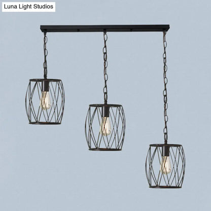 Sleek Black Metal Lantern Hanging Lamp - 3 Bulb Industrial Stylish Cage Shade Suspension Light for Foyer