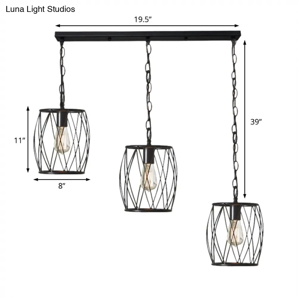 Sleek Black Metal Lantern Hanging Lamp - 3 Bulb Industrial Stylish Cage Shade Suspension Light for Foyer