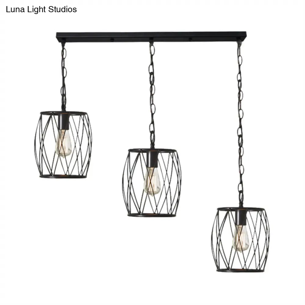 Sleek Black Metal Lantern Hanging Lamp - 3 Bulb Industrial Stylish Cage Shade Suspension Light for Foyer