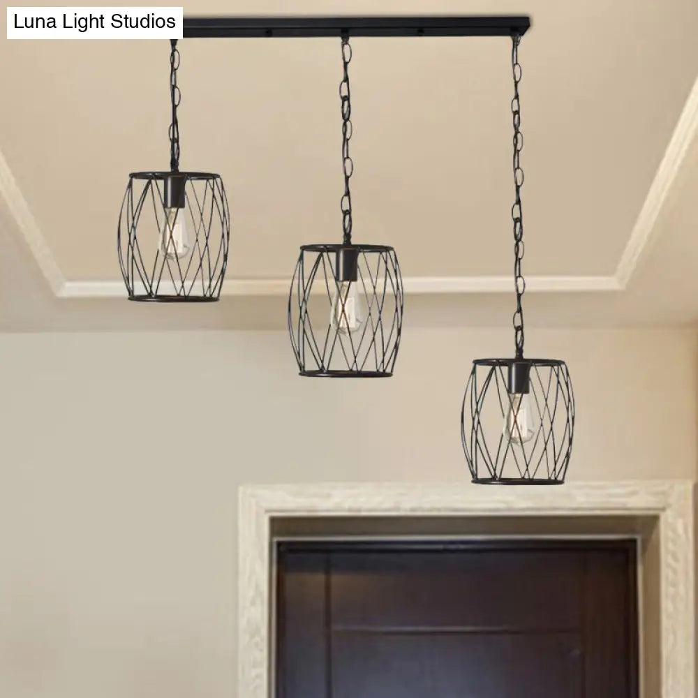 Sleek Black Metal Lantern Hanging Lamp - 3 Bulb Industrial Stylish Cage Shade Suspension Light for Foyer