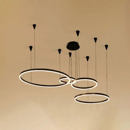 Sleek Black Metal LED Chandelier: Elegant Minimalistic Hanging Ceiling Light for Sitting Room