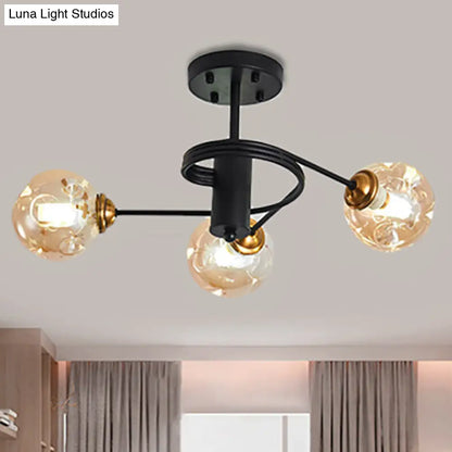 Sleek Black Modernist Semi-Flush Ceiling Light with Amber/Smoke Dimpled Glass Shades - Perfect for Living Rooms