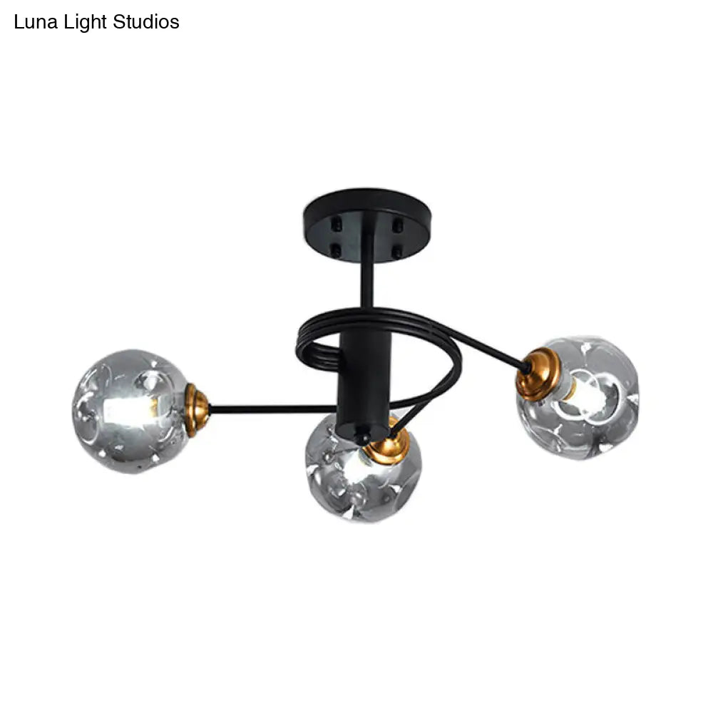 Sleek Black Modernist Semi-Flush Ceiling Light with Amber/Smoke Dimpled Glass Shades - Perfect for Living Rooms