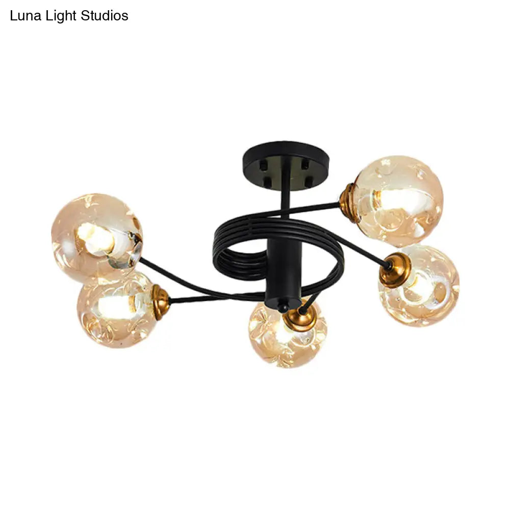 Sleek Black Modernist Semi-Flush Ceiling Light with Amber/Smoke Dimpled Glass Shades - Perfect for Living Rooms