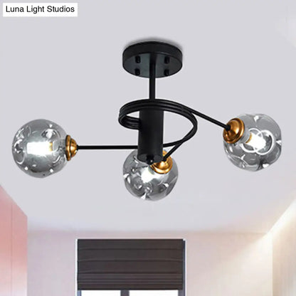 Sleek Black Modernist Semi-Flush Ceiling Light with Amber/Smoke Dimpled Glass Shades - Perfect for Living Rooms