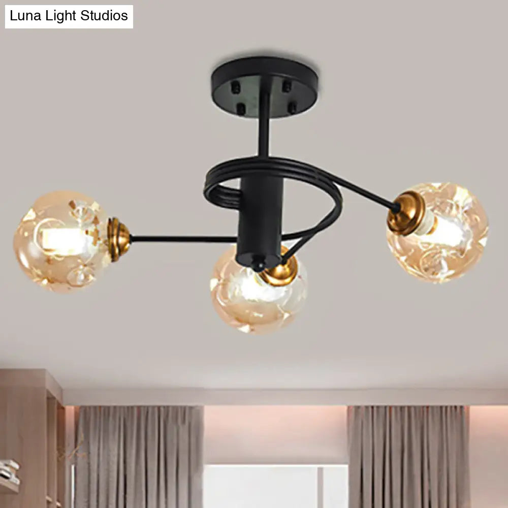 Sleek Black Modernist Semi-Flush Ceiling Light with Amber/Smoke Dimpled Glass Shades - Perfect for Living Rooms