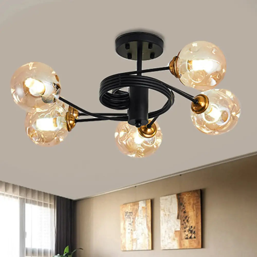 Sleek Black Modernist Semi-Flush Ceiling Light with Amber/Smoke Dimpled Glass Shades - Perfect for Living Rooms