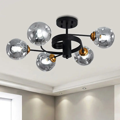 Sleek Black Modernist Semi-Flush Ceiling Light with Amber/Smoke Dimpled Glass Shades - Perfect for Living Rooms