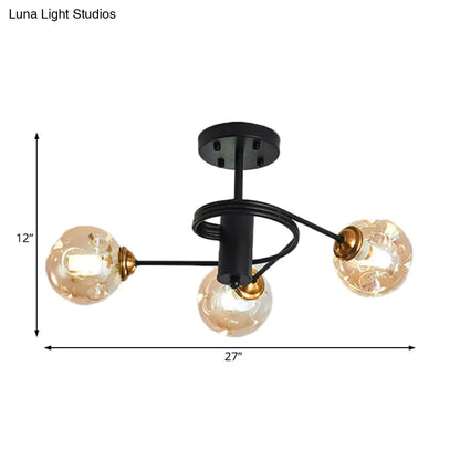 Sleek Black Modernist Semi-Flush Ceiling Light with Amber/Smoke Dimpled Glass Shades - Perfect for Living Rooms