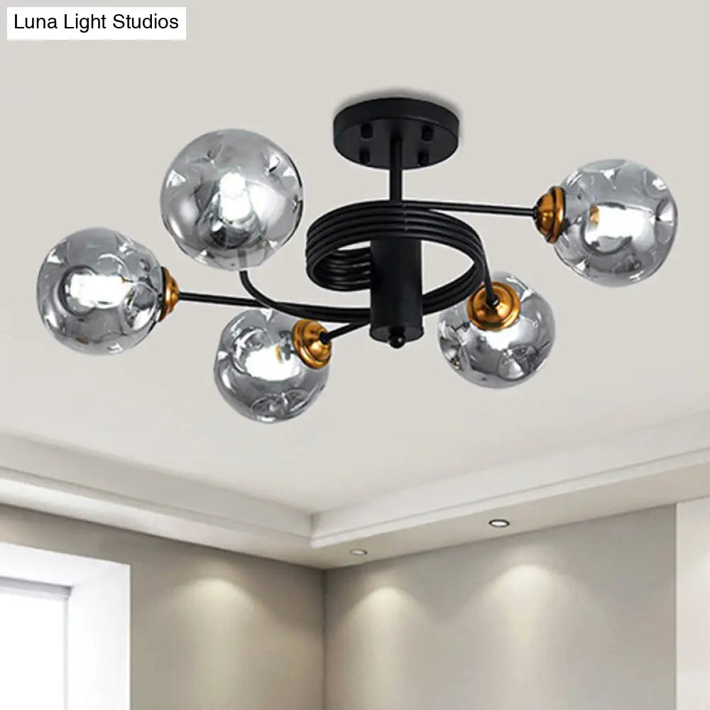 Sleek Black Modernist Semi-Flush Ceiling Light with Amber/Smoke Dimpled Glass Shades - Perfect for Living Rooms