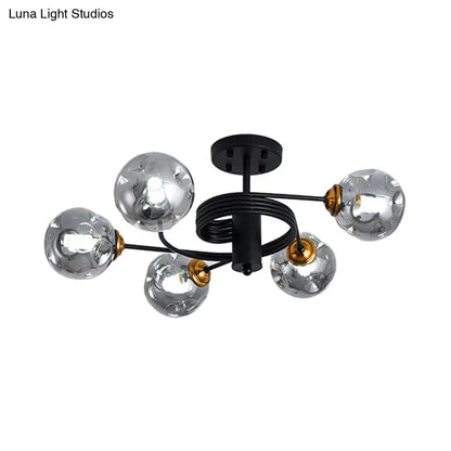 Sleek Black Modernist Semi-Flush Ceiling Light with Amber/Smoke Dimpled Glass Shades - Perfect for Living Rooms