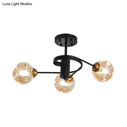 Sleek Black Modernist Semi-Flush Ceiling Light with Amber/Smoke Dimpled Glass Shades - Perfect for Living Rooms