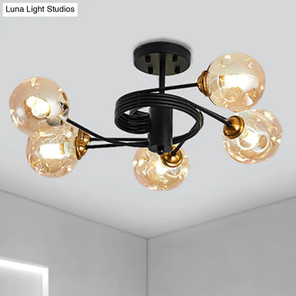 Sleek Black Modernist Semi-Flush Ceiling Light with Amber/Smoke Dimpled Glass Shades - Perfect for Living Rooms