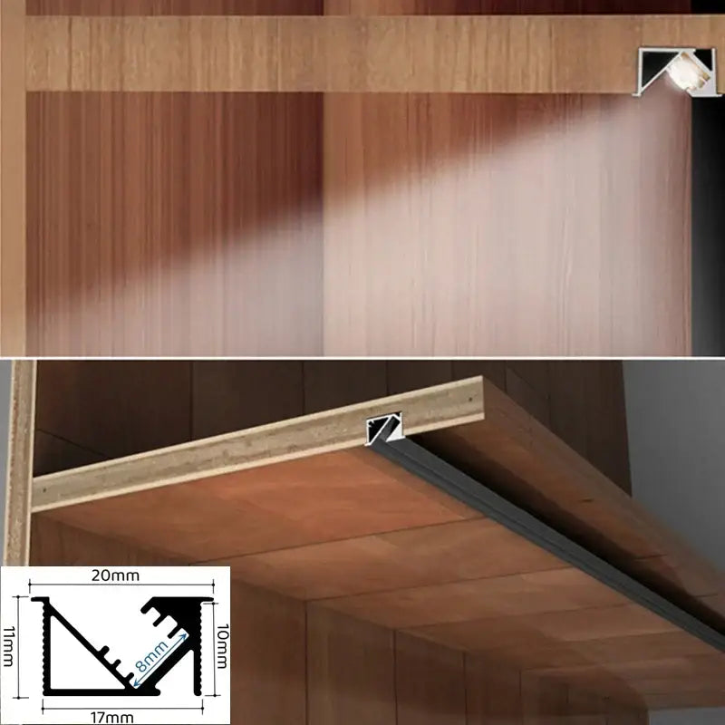Sleek black silver and gold led aluminum profile recessed cabinet light with minimalist design and warm glow