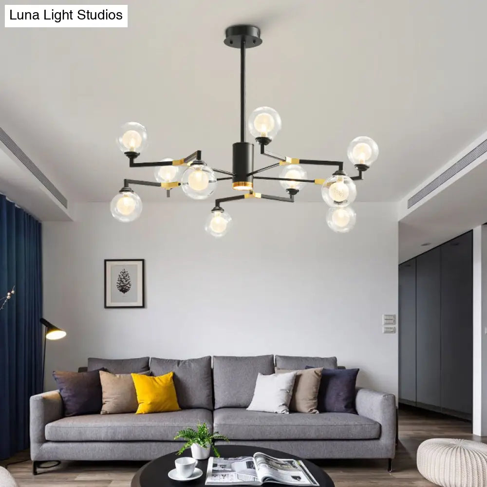 Lámpara de araña esférica negra elegante con colgante de cristal transparente - Iluminación moderna de 8/10 luces