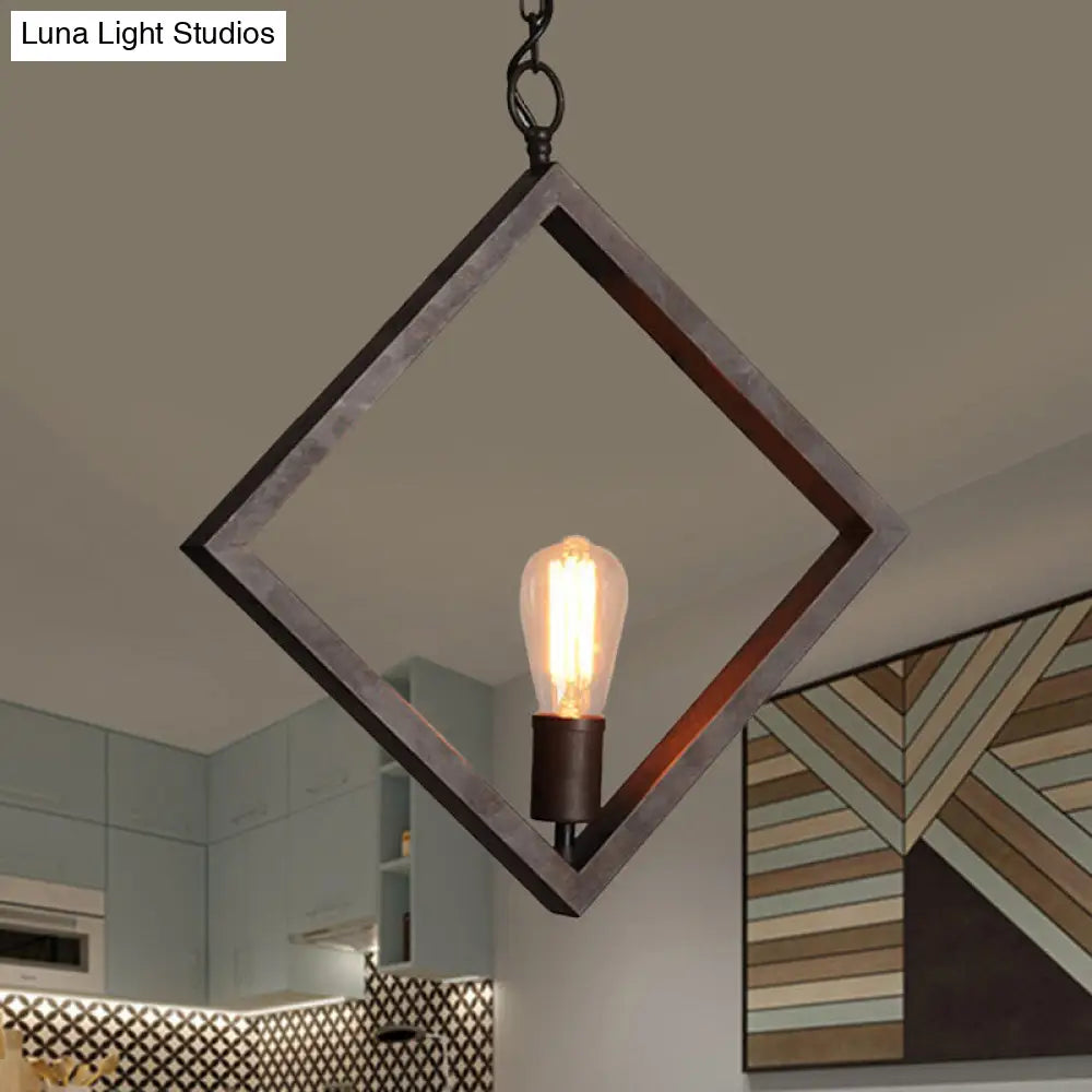 Sleek Black Suspension Light: Industrial Metal Square Frame with Bare Bulb Design – Ceiling Pendant Lamp