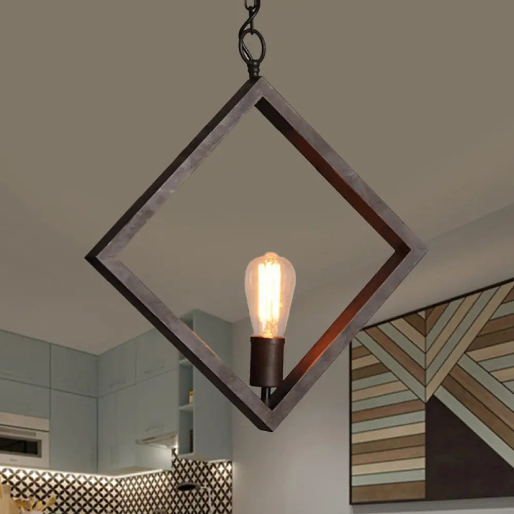 Sleek Black Suspension Light: Industrial Metal Square Frame with Bare Bulb Design – Ceiling Pendant Lamp