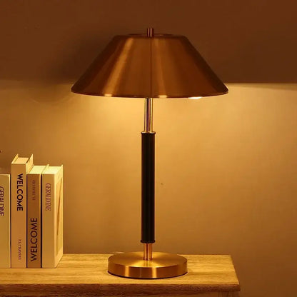 Sleek brass and black copper table lamp with brass finish and leather-wrapped column for bedroom decorbites copper table lamp