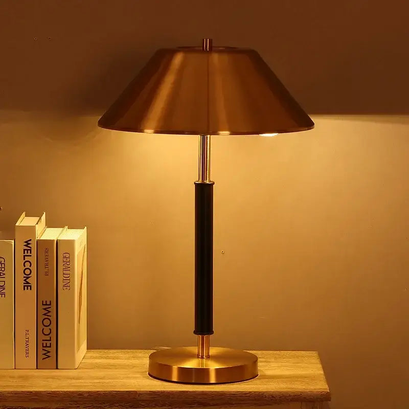 Sleek brass and black copper table lamp with brass finish and leather-wrapped column for bedroom decorbites copper table lamp